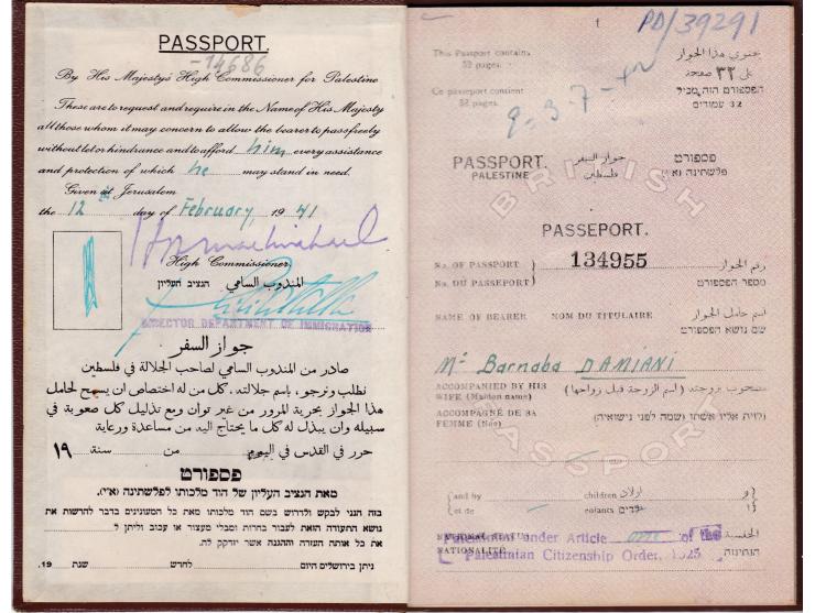 1941, Mandatory Palestine Passport. Barnada Damiani Judassin  passport No 1349559 stamped and cancelled of different countrie