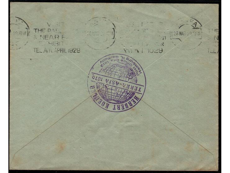 1929/86, Haifa Air Mail &amp; First Flights mail,  Haifa cds 28.3. 1929 on back with Hamburg TERRA-ASIA 1875 exhibition pmk. 
