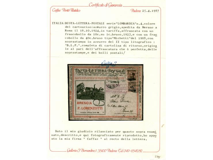 B.L.P., 1921-23 Mi-B91 IIa, advertising letter card ("BRESCIA P. LORENZOTTI") franked 40c +10c B.L.P. Vittorio (ovpt blue) se