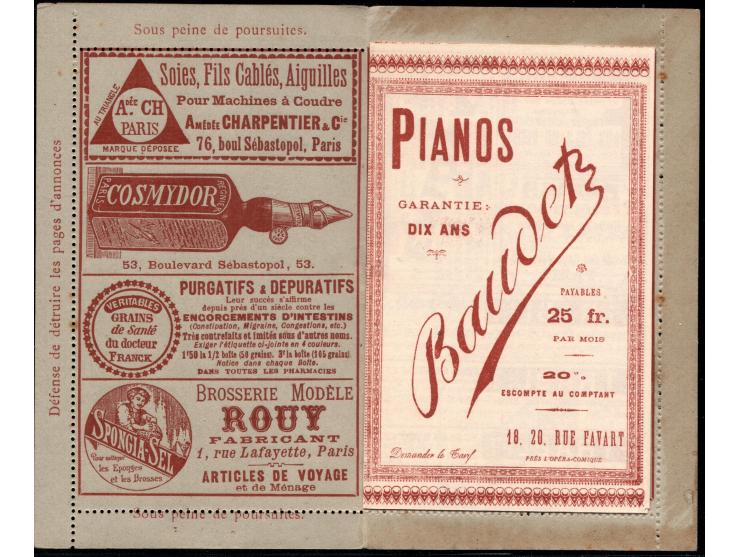 1894, France. Advertising letter card 15c Sage with adds for: Cosmydor - organic cosmetics; Pianos ; Linolium factory; etc'  