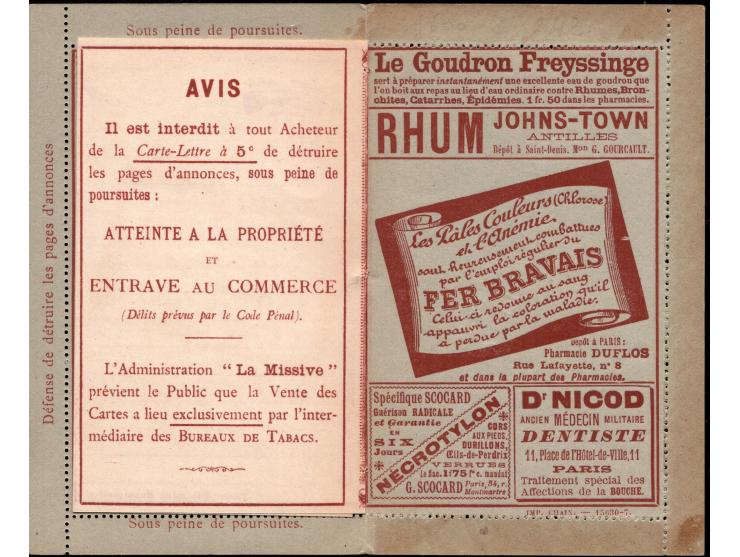 1894, France. Advertising letter card 15c Sage with adds for: Cosmydor - organic cosmetics; Pianos ; Linolium factory; etc'  