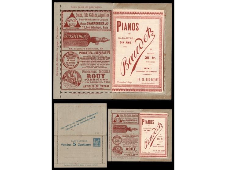 1894, France. Lot of two advertising stationery cards featuring the 15c Sage design.

The first card includes advertisements 