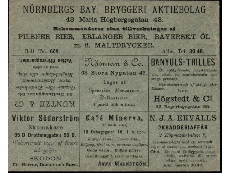 1887, Sweden. Stadsposten Stockholm 4 öre blue on blue. Advertising cover with text ads on both sides Löfgrens Möbelhandel (f