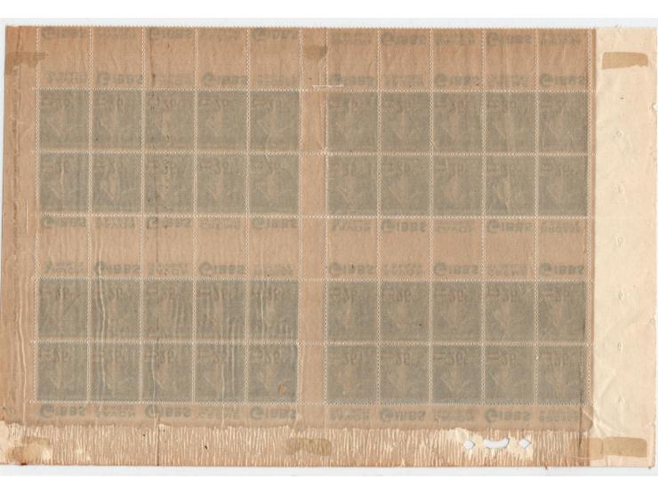 1926-27, France Semeuse Surcharges 25c. on 30c. blue, booklet pane of 40 (4 panes of 10), upper sheet, Cat. # Booklet  Yv # 2
