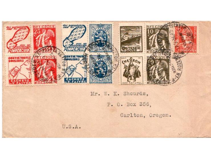 1934 Brussels Belgium  group of 3 commercial letters posted to the USA all bearing mixed combinations of stamps with advertis