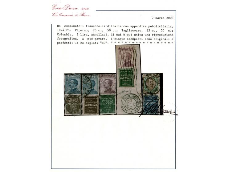 1924, Italian Stamps With Advertising Appendix, 1924-25: Piperno, 25c.,  50c. :  Tagliacozzo, 25c.,  50 c .:  Columbia, 1 Lir