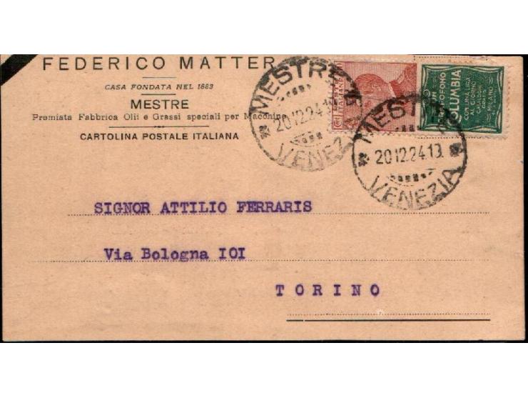 1924 card Venezia to Torino franked with 30c. stamp with appendix advertising Columbia (Mi:IT 133R1, Sn:IT 102b, Sg:IT 171i, 