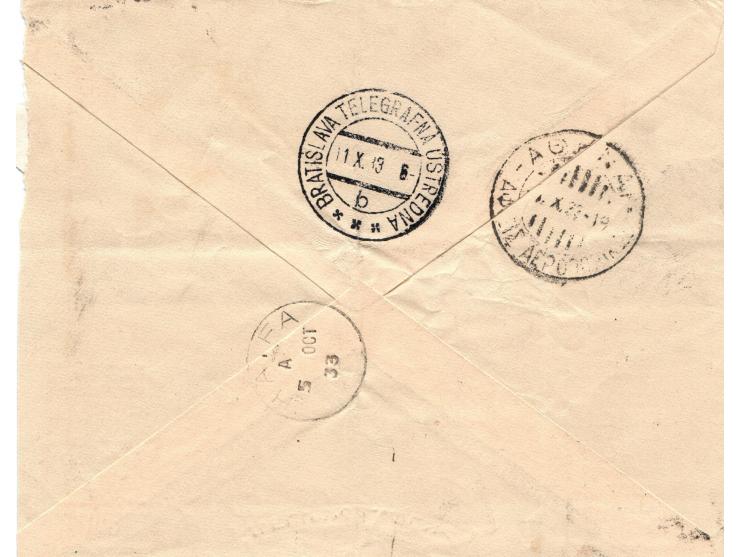 1933, Jerusalem fashion manufactory stationery advertising cover from Palestine mandate airmail 10mil to Chesesolvakia, frank