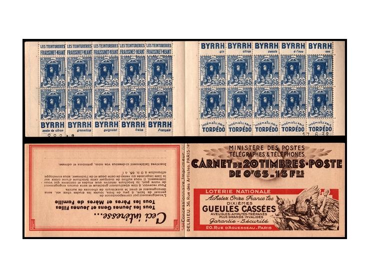 1938, French Colonies: Algeria Booklet, 13fr "Loterie Nationale/ Gueules Cassées", complete pane of 20 65c stamps with advert