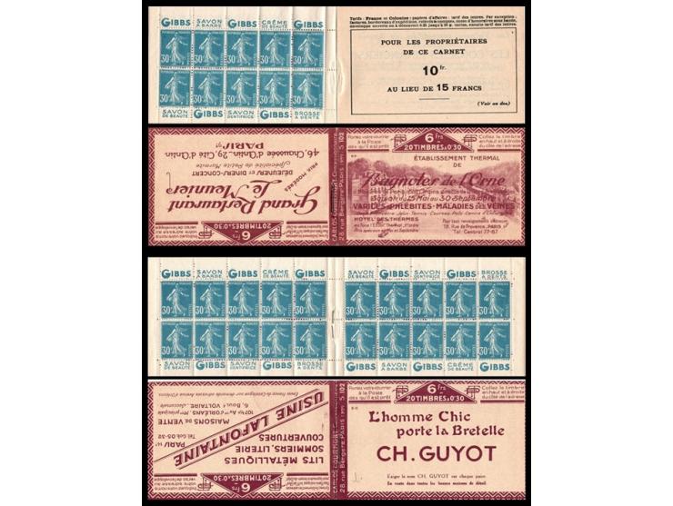 France Collection of 11 different booklets:

1923 Evian, France - 30c green, 6fr booklet, Series S. 89. Yvert 191-C 1, €250. 