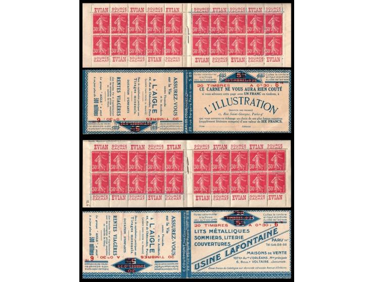 France Collection of 11 different booklets:

1923 Evian, France - 30c green, 6fr booklet, Series S. 89. Yvert 191-C 1, €250. 