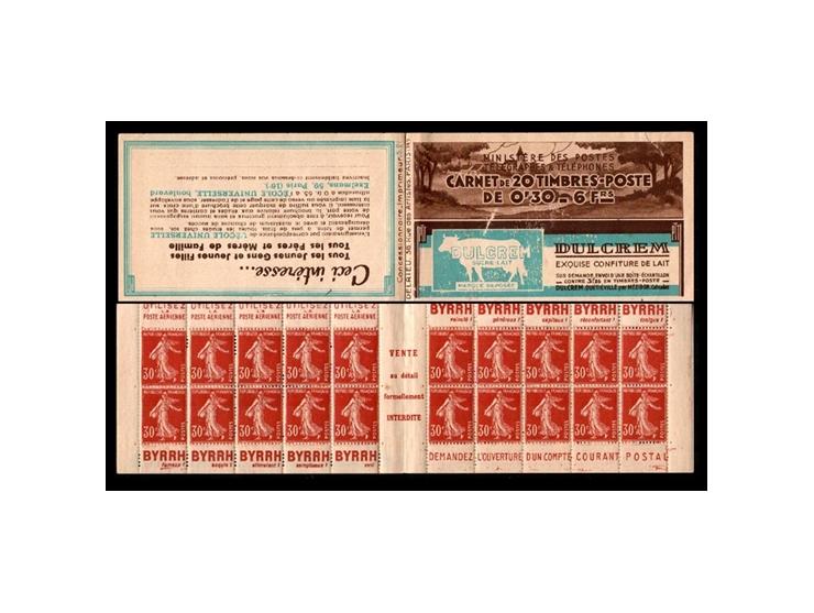 France Collection of 11 different booklets:

1923 Evian, France - 30c green, 6fr booklet, Series S. 89. Yvert 191-C 1, €250. 