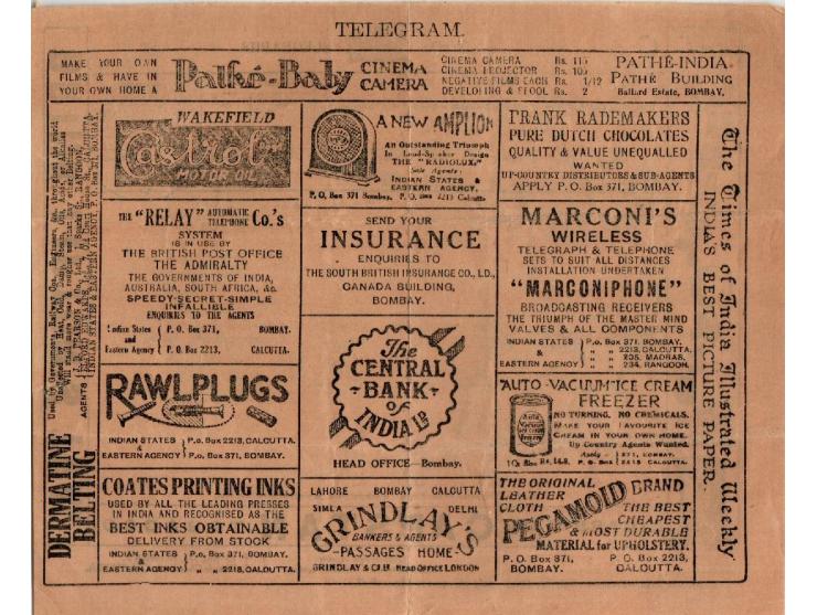 India Posts and Telegraphs Telegram forms were issued in June and DEC 1927 advertising Quaker Oats, Lipton's Tea, Imperial ci