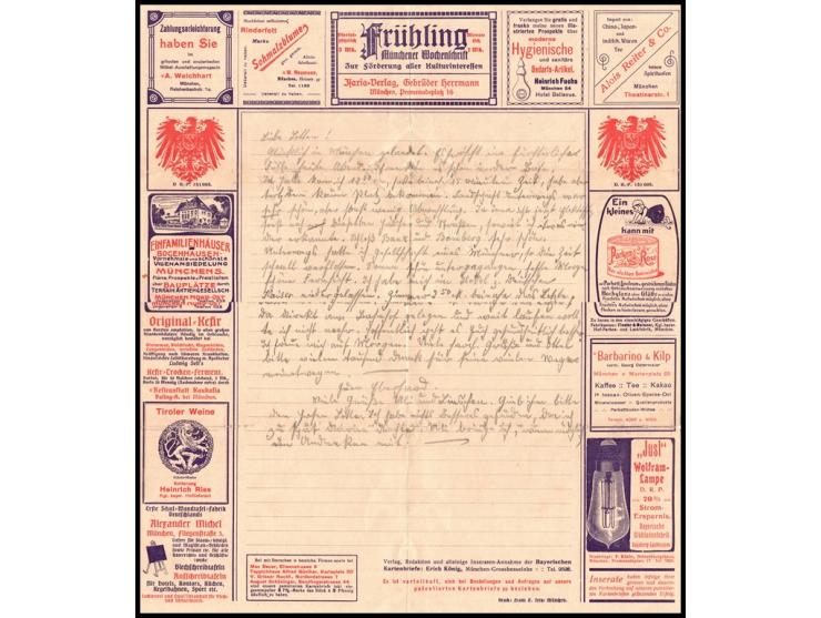 1908, Advertising stationery Bavaria. Card letter 5 Pf coat of arms, (Series XII Munich.) used sheet letter send from Munchen