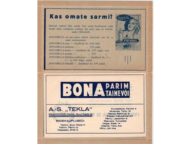 1937, Estonia 10S Advertising letter card, Unused. various adds in blue on  Series No. 6.  

