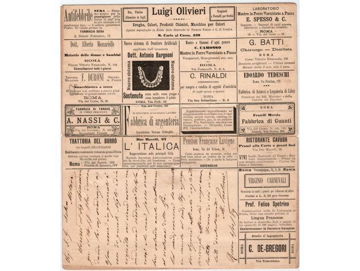 1889, ITALY  Stamp of 1879 (n.39) with -CC-in perforation. 20 g. Orange-yellow (1) SPL on an advertising postcard with a text