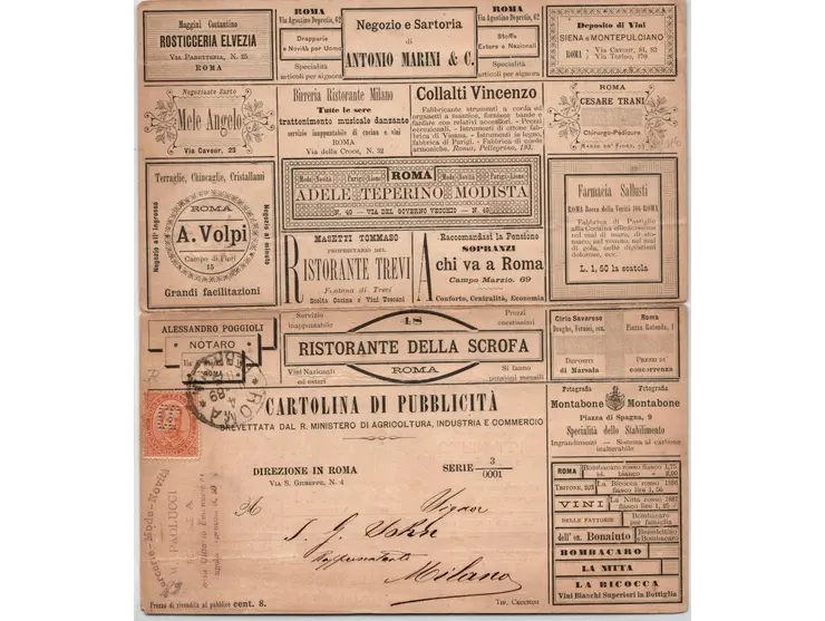 Italy 1898–1900 – Advertising Postal Card with "CC" Security Perforation. Attractive 10 centesimi King Umberto I postal stati