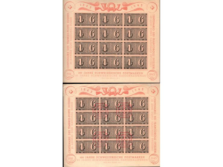 1943, Switzerland lot of two blocks 1943 100 years of Swiss stamps sheet Scott b130 (Mi # 9) mixed condition and covers €240 