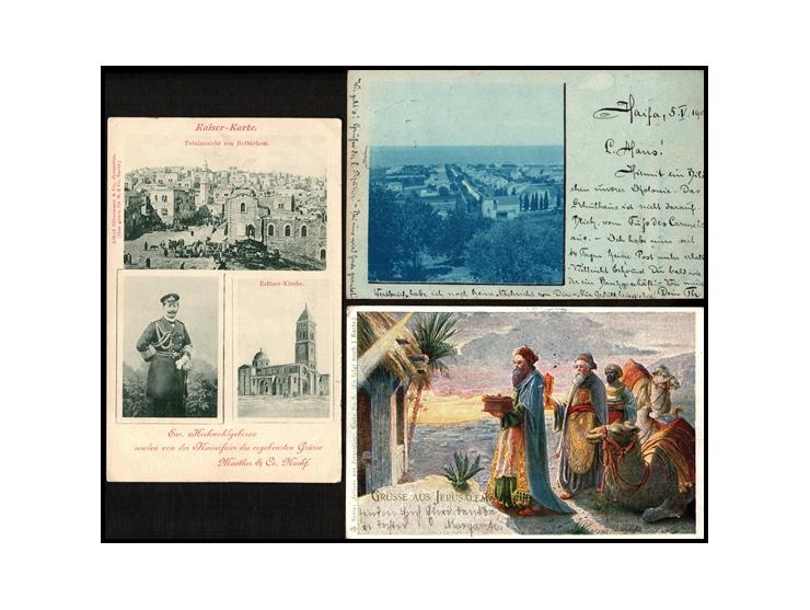 1898 - 1901, a lot of 3 illustrated postcards were sent from the Austrian post office in Palestine. Judaica Palestine Old Pos