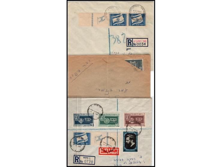 LOTS OF 19 COMMERCIAL COVERS.1. Bisect on cover 1950 Airmail 30 value. (2). Express envelope registered Haifa includes Flag p