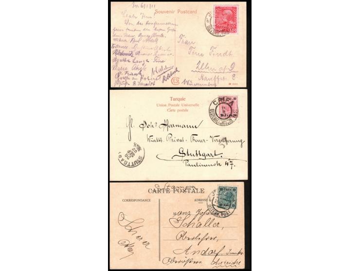 1902 - 1911, lot of 3 illustrated postcards were sent from the Austrian post office in Palestine. Jerusalem, 'Jerusalem mount