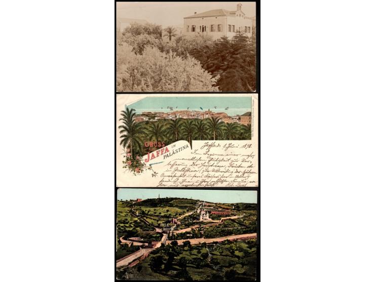 1898- 1910, a lot of 3 illustrated postcards were sent from the Austrian post office in Palestine. 1898 Haifa German Colony; 