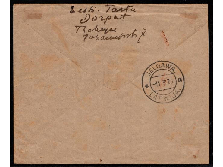 1920 Tartu Registered cover franked w. 1919 Definitives: 5penni ( Mi:EE 6, Sn:EE 29, Yt:EE 6, Sg:EE 6 ), 15 penni (x3) (Mi:EE
