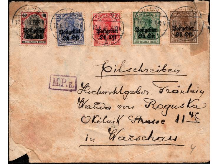 WWI German Occupation of the East, 1916  Lithuania Wilna to Poland Warsaw. 78 reichspfennig Germania stamps overprinted w. Os