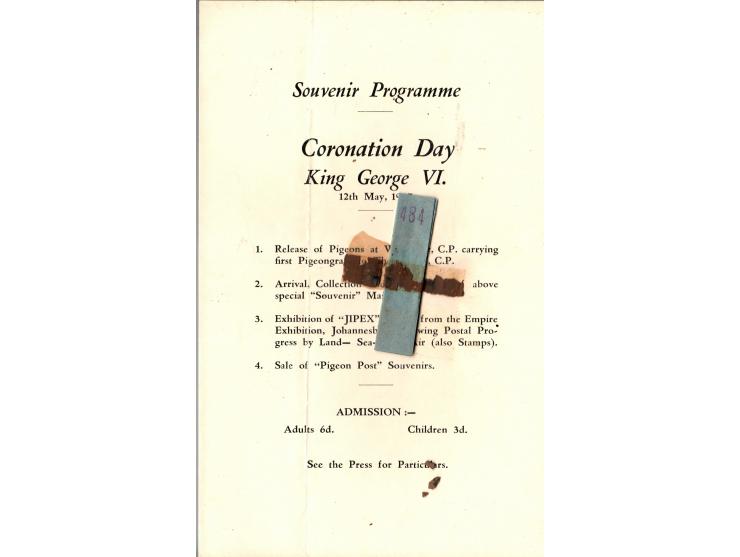 South Africa, 1937 FDC 'Coronation Day First Pigeon Post' Commemorative envelope No. 56, attached w.  pamphlet holding authen