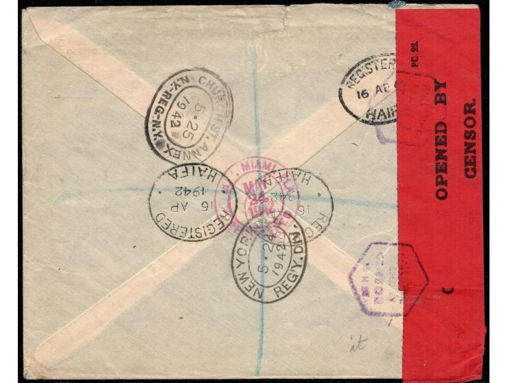 1942 (April 16), Palestine Heavily franked airmail cover to USA.  4 flights assembled this long route: Flight CL43 left Cairo