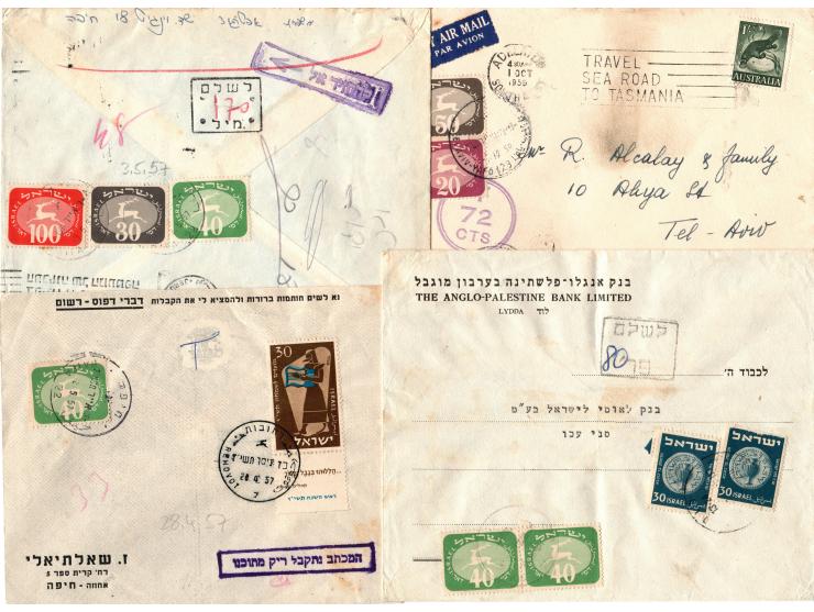 1950-1960 A group of 12 envelopes to Israel focused on diff. Postage Due, group includes,  under-rated with To Pay and postag