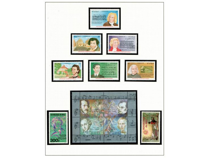 1966 - 2001, A world-spanning collection of music stamps is meticulously organized across four Lindner albums (model 1124). T