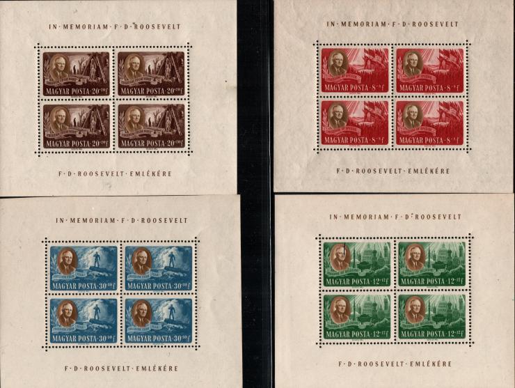 1947 Roosevelt small sheet series with reversed image position, VG condition (130,000) / Mi 985-992 tete beche mini sheets, M