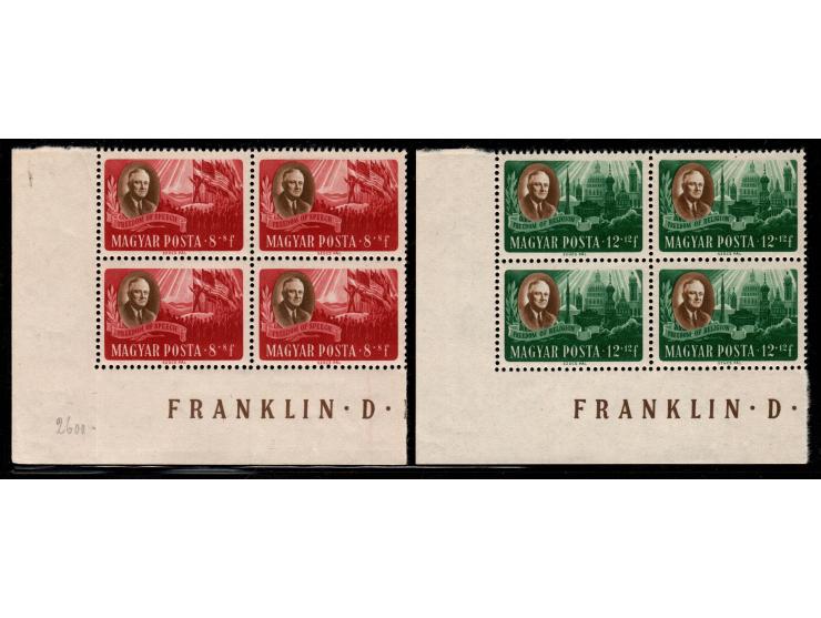 Hungary, 1947: FDR President Roosevelt - full set of 8 values in bottom left corner block with sheet margins (MiNr: 985-992; 