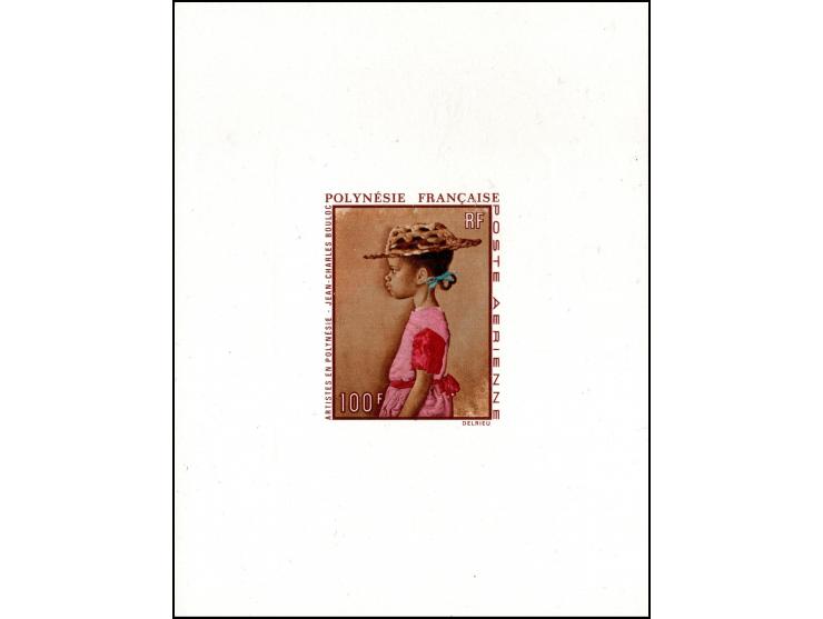 French Polynesia 1970, set of 3 stamp artwork designs featuring musical instruments. Printed by "Imprimerie des Timbres-poste
