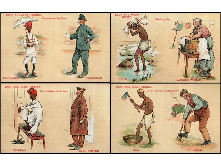 India - 1911 'East and West Series' set of 8 postcards, unused, from Kolkata, featuring divided backs. Each postcard in this 