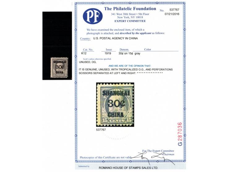 1919, USA Offices in China, Scott K12. 30¢ on 15¢ gray, &nbsp;strong color and impression. Flawless mnh. Scott &nbsp;$200 201