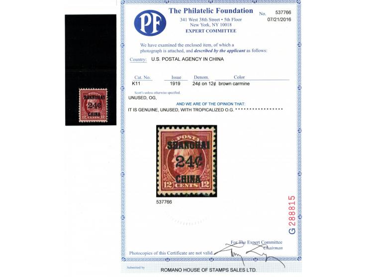 1919, USA Offices in China, Scott K11. 24¢ on 12¢ brown carmine nice tall margins, vibrant rich color, unused, with tropicali