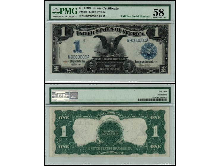 U.S. 1899 $1 Black Eagle Silver Certificate – Fr. 235 (Elliott/White), PMG Choice About Uncirculated 58, Solid Serial Number 