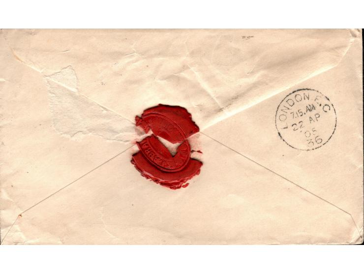 Hong Kong 1905 to London. Scarce Treaty Port usage (Shanghai BPO) tying 4c. King Edward VII (SG 78 ; Yt. 78) Ship mail per SS