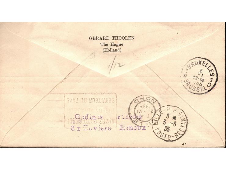 Belgium 1935 // 1936 by Sabena airmail: FDC 1935 Bruxelles to Lillie , France mixed franking of 1930 airmail 50c. (Sc. 283) a