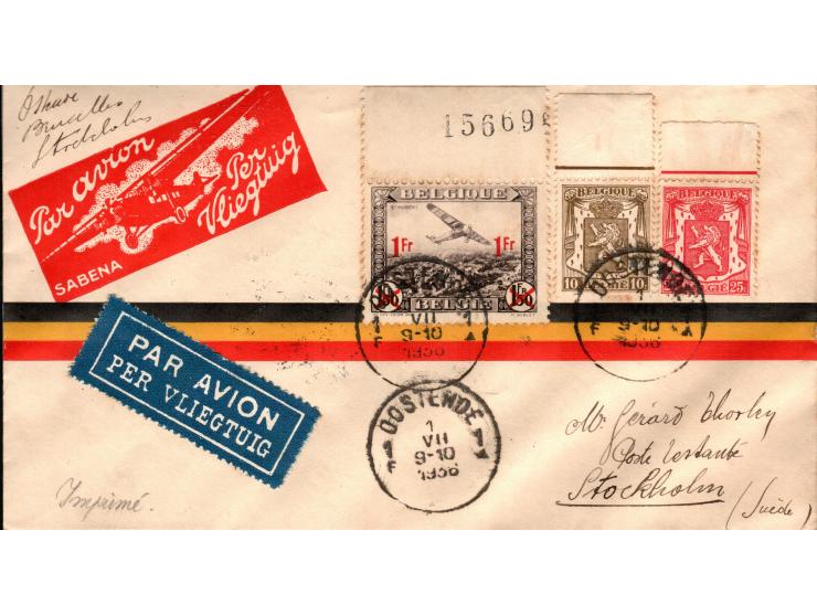 Belgium 1935 // 1936 by Sabena airmail: FDC 1935 Bruxelles to Lillie , France mixed franking of 1930 airmail 50c. (Sc. 283) a