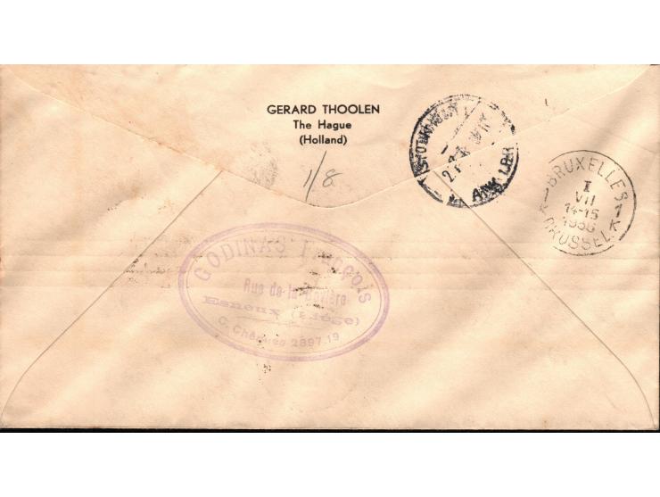 Belgium 1935 // 1936 by Sabena airmail: FDC 1935 Bruxelles to Lillie , France mixed franking of 1930 airmail 50c. (Sc. 283) a