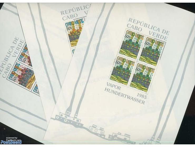 Cape Verde 1985 Governo do Vapor “Hundertwasser” Miniature SheetsComplete set of three miniature sheets, each containing a bl