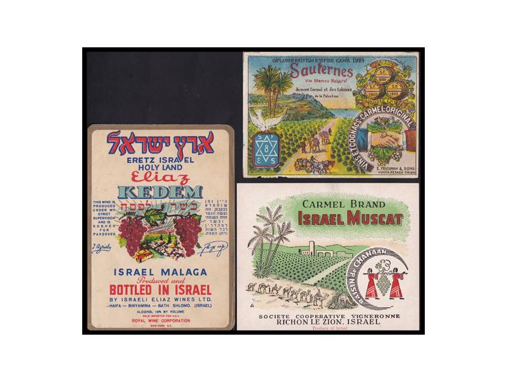 Lot of 7 old Carmel Mizrahi wine labels attached to a carton. Average size: 10 cm 15 cm. Good overall condition, some defects