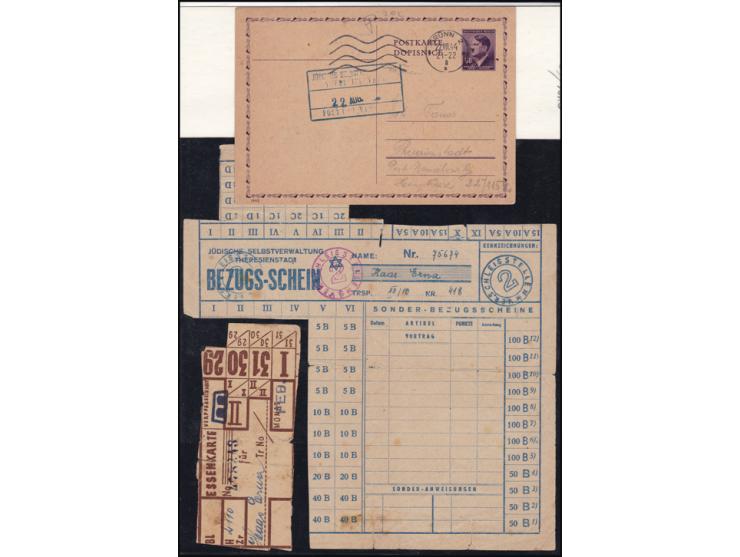 Lot of post cards and Means Of Payment.
1944, A pre stamped postcard sent from brunn to a prisoner in Theresienstadt., Handle