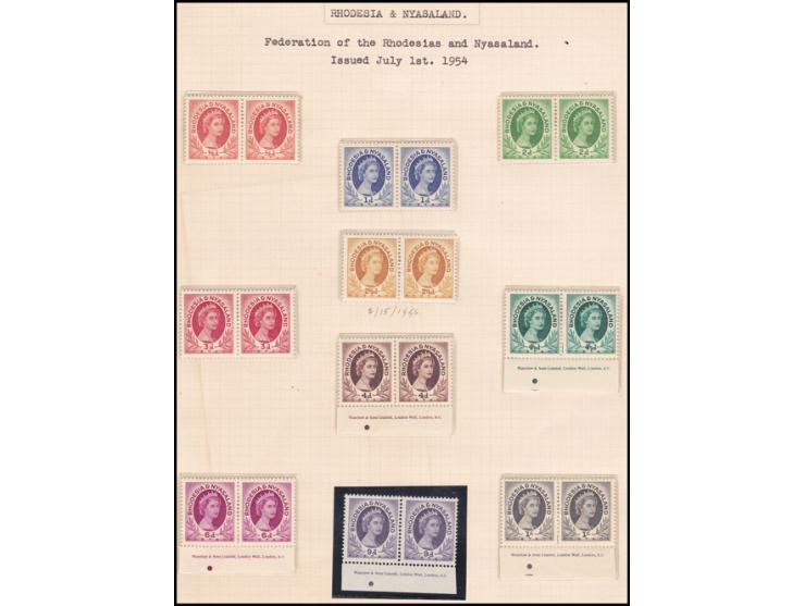 RHODESIA &amp; NYASALAND:: 1954 1/2d. to £1 set, in fine unmounted mint pairs with lower margin (Waterlow &amp; Sons Limited,