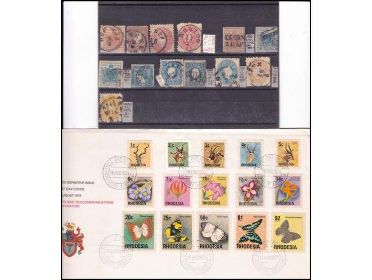 Cardboard with stamps from all over the world including the United States, South Africa, including an album with various stam