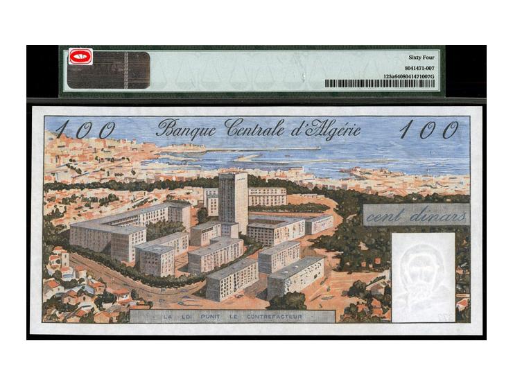 Algeria, 100 Dinars, 1964, AUNC, P 125a serial number: T 377.350,&nbsp; flat in the banknote. But&nbsp; with a watermark. PMG