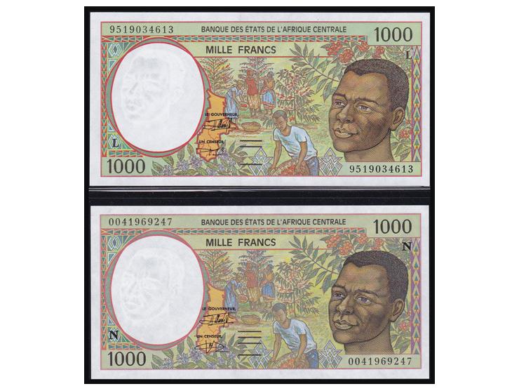 Central Africa&nbsp;States. lot of&nbsp;4 dif notes of 1000 Francs. Cameroun P-202E, Congo P-102C,&nbsp; Gabon P-402L.&nbsp; 